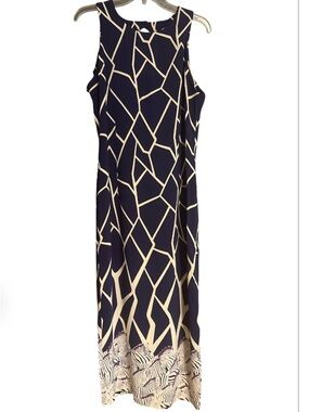 WNY Vintage Navy & Cream Geometric Maxi Dress SZ 12